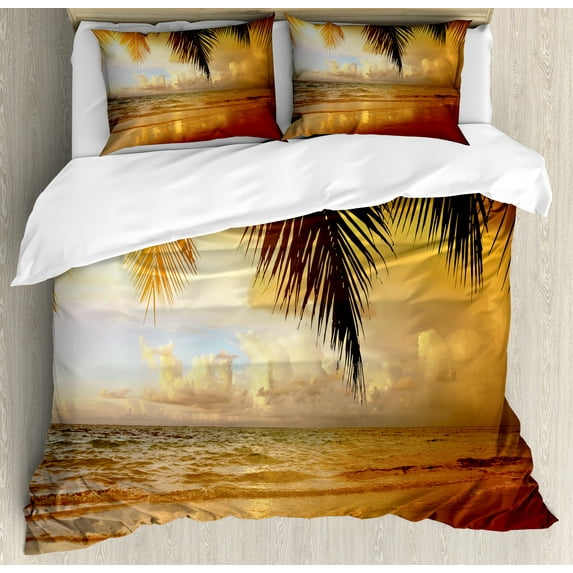 Ocean Duvet Cover Set, Sunset on the Beach of Caribbean Sea Waves Coast with Palm Tree, Decorative 3 Piece Bedding Set with 2 Pillow Shams, Calking Size, Dark Orange Pale Blue, by Ambesonne