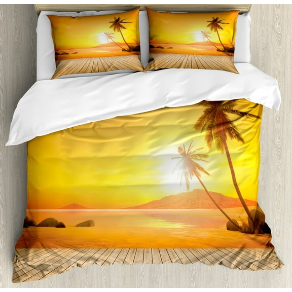 Ocean Duvet Cover Set, Sunset over the Ocean with Palm Tree and Wooden Deck Horizon View Image Tropical, Decorative 3 Piece Bedding Set with 2 Pillow Shams, Calking Size, Orange Brown, by Ambesonne