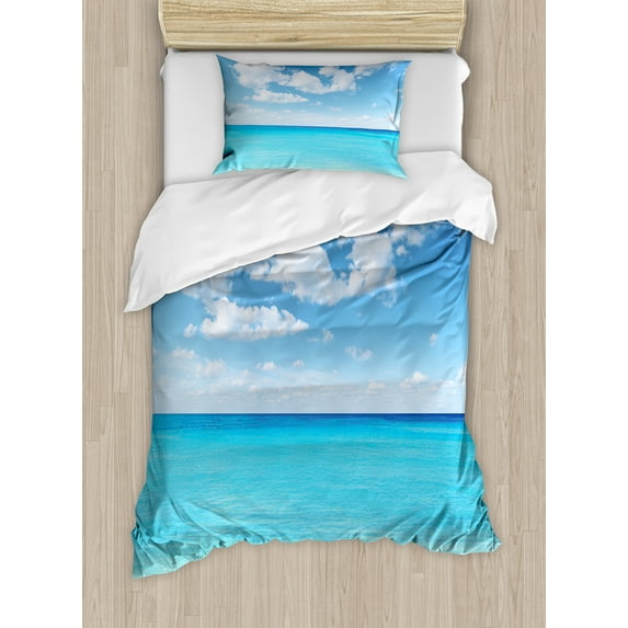 Ocean Duvet Cover Set, Surreal Tropical Seascape with Dreamy Sea and Sky Paradise Coast Hawaiian Art, Decorative 2 Piece Bedding Set with 1 Pillow Shams, Twin Size, Turquoise White, by Ambesonne