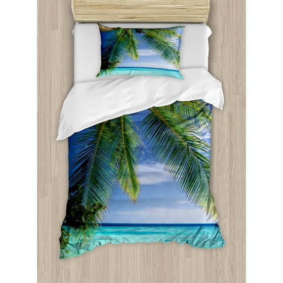 Ocean Duvet Cover Set, Tropical Paradise View at Maldives Palms Clear Sky Seashore Picture Print, Decorative 2 Piece Bedding Set with 1 Pillow Shams, Twin Size, Green Aqua Blue, by Ambesonne