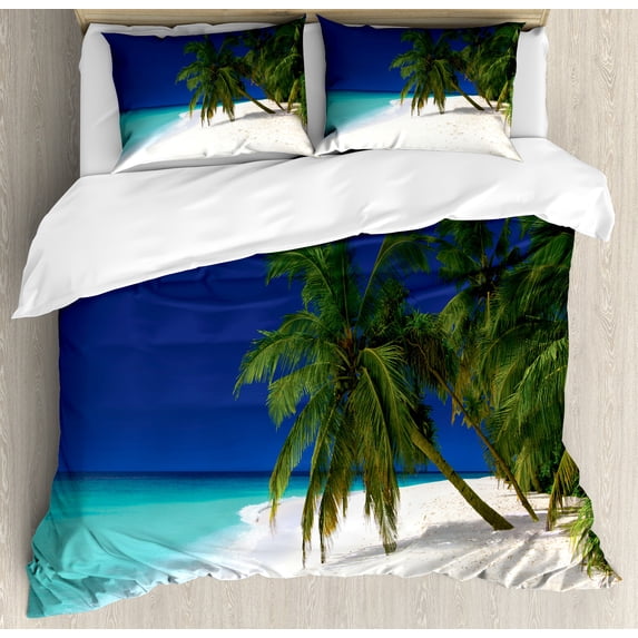 Ocean Duvet Cover Set, Tropical Untouched Island Getaway Nature Coast Colorful View Picture, Decorative 3 Piece Bedding Set with 2 Pillow Shams, Queen Size, Navy Blue White, by Ambesonne