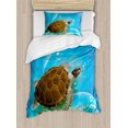 thumbnail image 1 of Ocean Duvet Cover Set, Turtle Family Swimming in Ocean Bubbles Underwater World Cartoon Fun Art, Decorative 2 Piece Bedding Set with 1 Pillow Shams, Twin Size, Green Blue Brown, by Ambesonne, 1 of 3