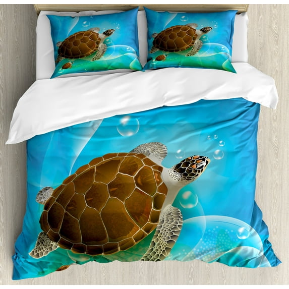Ocean Duvet Cover Set, Turtle Family Swimming in Ocean Bubbles Underwater World Cartoon Fun Art, Decorative 3 Piece Bedding Set with 2 Pillow Shams, King Size, Green Blue Brown, by Ambesonne