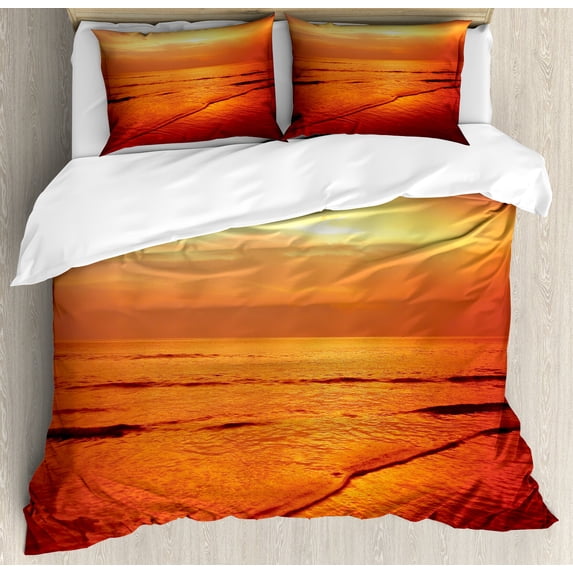Ocean Duvet Cover Set, Twilight Seascape at Karon Beach Thailand Exotic Vacation Getaway Destination Picture, Decorative 3 Piece Bedding Set with 2 Pillow Shams, King Size, Red Yellow, by Ambesonne