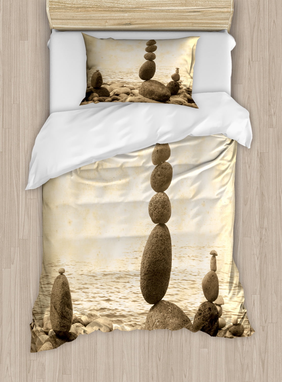 Twin Beige and Brown Coastal Microfiber Duvet Cover Set