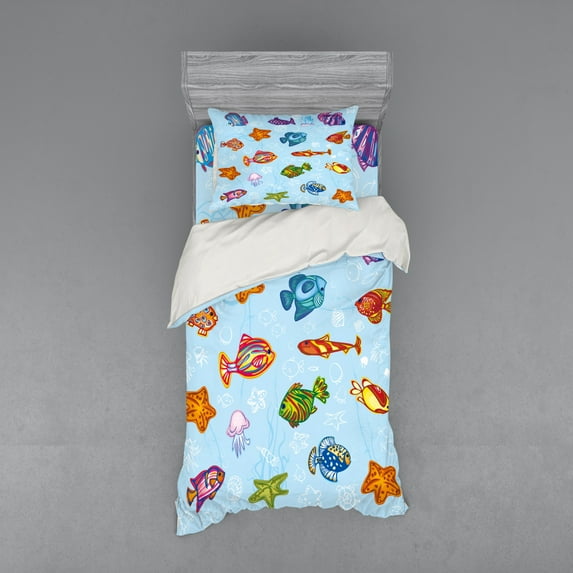 Ocean Duvet Cover Set, Types of Fish in Deep Sea Navy Nautical Life Seahorse Shells with Aqua Backdrop Image, Bedding Set with Shams and Fitted Sheet, 3 Sizes, by Ambesonne