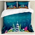 thumbnail image 1 of Ocean Duvet Cover Set, Underwater Fantasy Kingdom with Shell Houses Water Bubbles Cartoon Illustration Print, Decorative 3 Piece Bedding Set with 2 Pillow Shams, Calking Size, Teal Brown, by Ambesonne, 1 of 3
