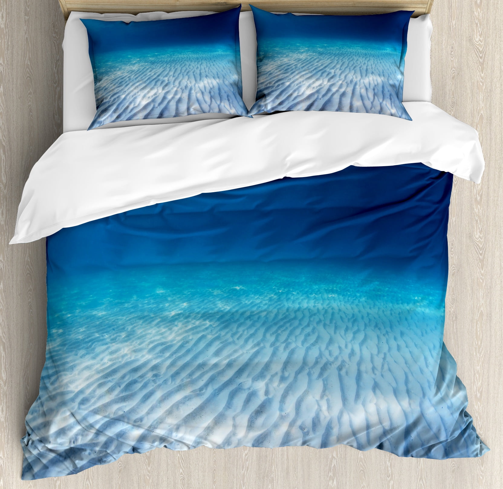 King Size Navy Beige Ocean Print Duvet Cover Set