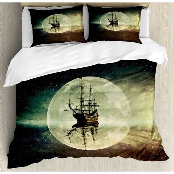 Ocean Duvet Cover Set, Vintage Old Ship on Sea Moonlight Starry Night Sky Adventure Journey Theme, Decorative 3 Piece Bedding Set with 2 Pillow Shams, Calking Size, Umber Dark Blue White, by Ambesonne