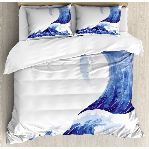 Ocean Duvet Cover Set, Watercolor Style Illustration of Storm Waves on White Background Aquatic Print, Decorative 3 Piece Bedding Set with 2 Pillow Shams, King Size, Blue and White, by Ambesonne