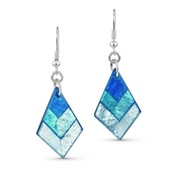 Ocean Elegance Kite or Diamond Shaped Capiz Shell in Blue Tones Dangle Earrings