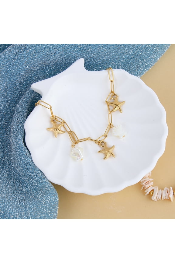 Ocean Elements Charms Necklace Stainless Steel 18k gold plated, Natural shell, Beach Jewelry for Women