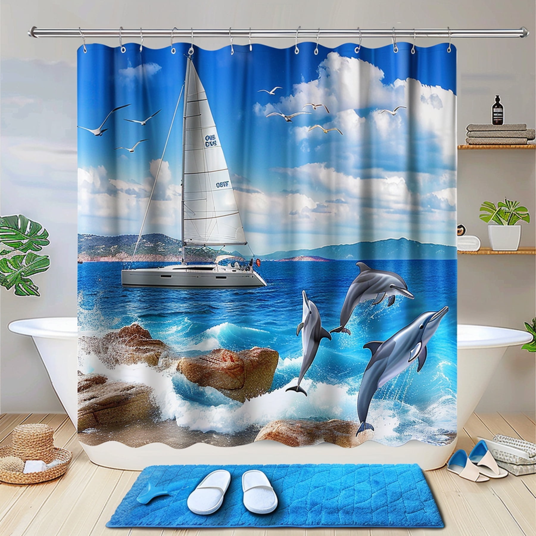 Ocean Escape Shower Curtain Set Sailboat Dolphins Rocks Blue Theme