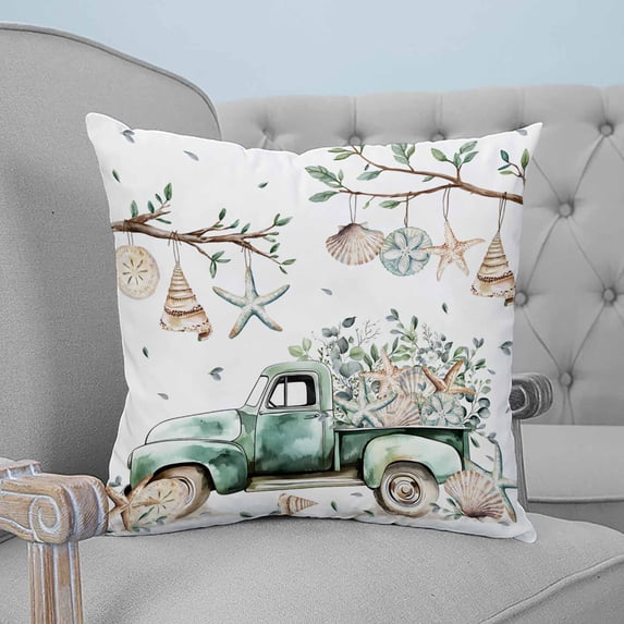 Ocean Eucalyptus Decorative Pillowcase 26''x26'', Spring Green Truck Coastal Starfish Leaf Throw Pillow Covers Soft Cushion Case for Couch Sofa Bedroom Living Room, Pillowcase Boho Decor