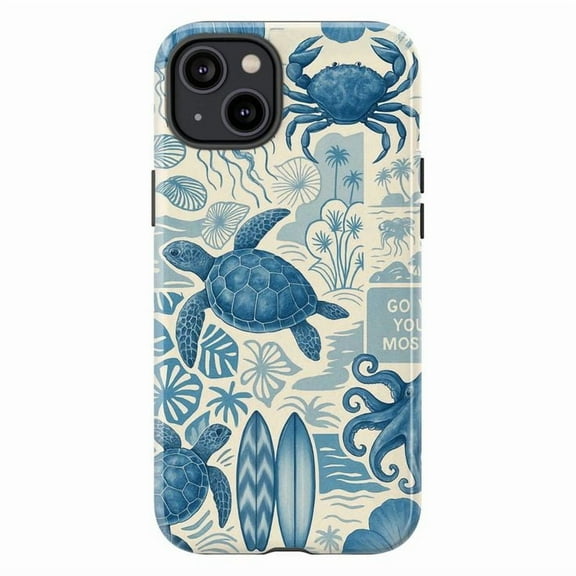 Ocean Explorer Phone Case | Sea Turtle, Crab & Surf Beach Design in Blue Tones | Compatible with iPhone 16 15 14 13 12 11 Pro Max