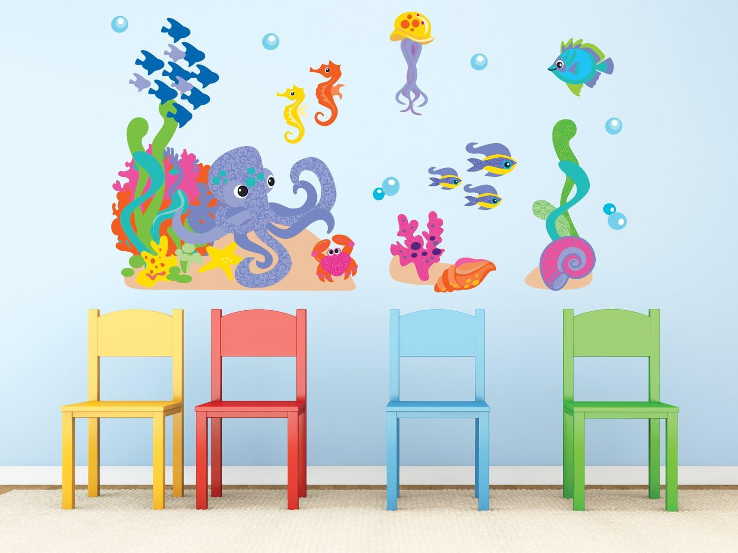 Ocean Fabric Wall Decal Set, Under The Sea Theme with Fish, Octopus