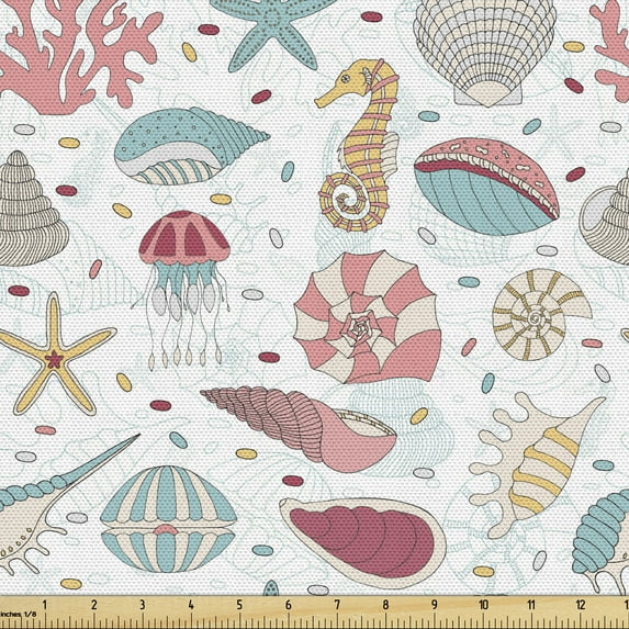 Ocean Fabric by the Yard, Arrangement of Ocean Fauna Flora Shells Sea Horses Jellyfishes Cartoon Style, Decorative Upholstery Fabric for Sofas Home Accents, 5 Yards, Multicolor by Ambesonne