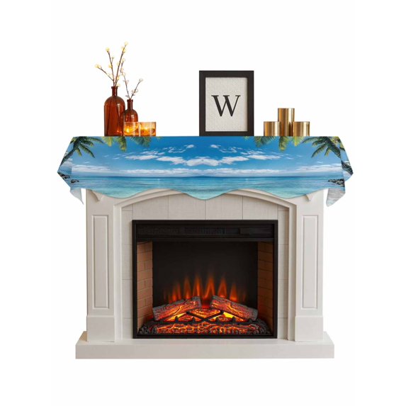 Ocean Fireplace Mantel Scarf Cover 70"Wx17"L, Fireplace Mantel Shelf Top Runner, Summer Palm Trees Beach Scenery Mantle Dresser Scarves Table Runner for Holiday Party Living Room Decorations