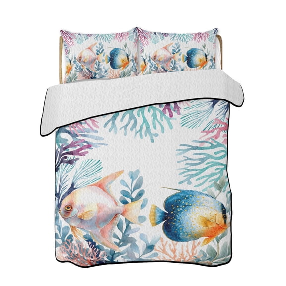 Ocean Fish 3 Piece Quilt Bedding Set with 2 Pillow Shams, Watercolor Pink Purple Blue Green Coral Summer Lightweight Bedspread Coverlet, Soft Breathable All Season Quilt, 68 x 98 Inch