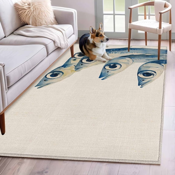 Ocean Fish Area Rug 4x6 Washable Rug Non Slip Coastal Blue Watercolor Coastal Monochrome Large Area Rug Indoor Floor Carpet for Entryway Bedroom Kitchen Living Room Home Office Dining Room Nursery