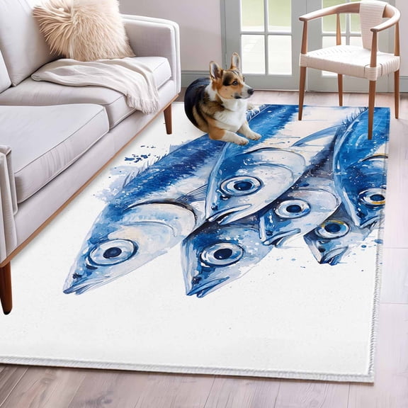 Ocean Fish Area Rug 4x6 Washable Rug Non Slip Watercolor Blue Spot Color Coastal Painting Large Area Rug Indoor Floor Carpet for Entryway Bedroom Kitchen Living Room Home Office Dining Room Nursery