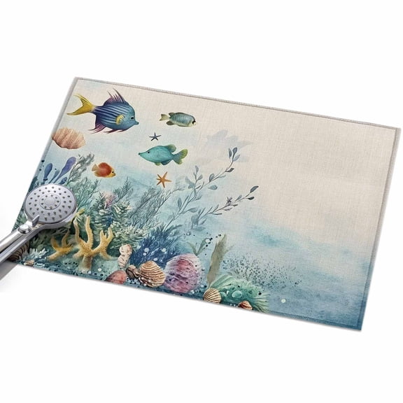 Ocean Fish Area Rugs 2x3ft Nautical Green Blue Sea Fish Coral Seashell Seaweed Linen Floor Rug Non Slip Low Pile Ultra Soft Throw Carpet for Entryway Indoor Entrance Kitchen Bathroom