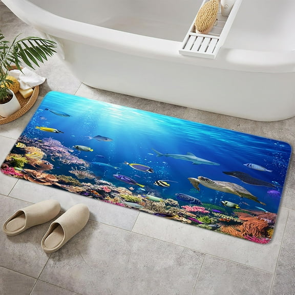 Ocean Fish Bathroom Rug Mat, Sea World Animal Tropical Fish Non-Slip Bath Carpet, Underwater Sea Animal Ocean Bathroom Rugs, Blue Kids Extra Soft and Absorbent Bath Rugs(17"X29")