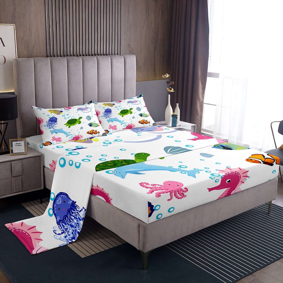 Ocean Fish Bed Sheets Set Queen Sea Turtle Sheet Set,Octopus Dolphin