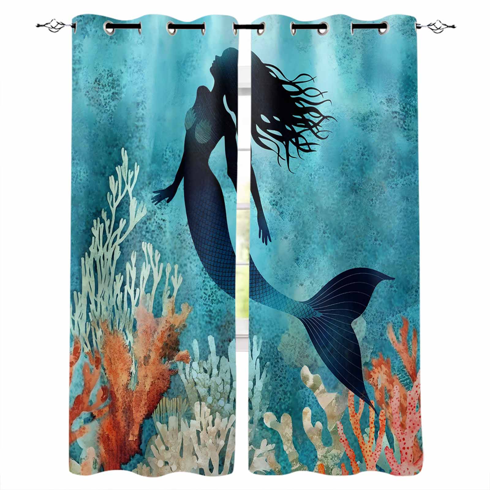 Ocean Fish Black Out Curtains 63 Inch Long, Room Darkening Draperies ...