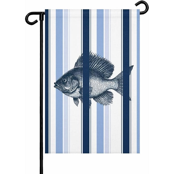 Ocean Fish Blue Stripe Garden Flags 12x18 Inch Double Sided Welcome Yard Flags for Outdoor Decor Watercolor Marine Life Line Theme Yard Outside Seasonal Decoration