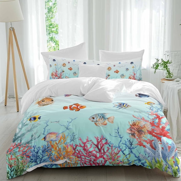 Ocean Fish Comforter Set Full Size, Colorful Coral Seaweed Summer Coastal Soft Bedding Set for Man Woman, 4 Pieces Duvet Cover Set with Fitted Sheet, 2 Pillowcases