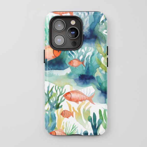 Ocean Fish Coral For All iPhone Series Protective Phone Case Watercolor Marine Theme Multicolor