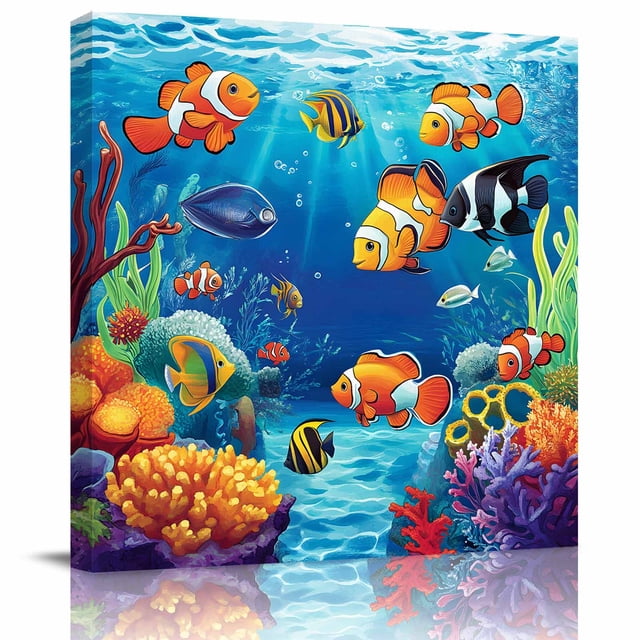 Cartoon Fishbone Drawing Ocean Fish Coral Seaweed Cartoon Style Canvas Artwork Painting Art ...