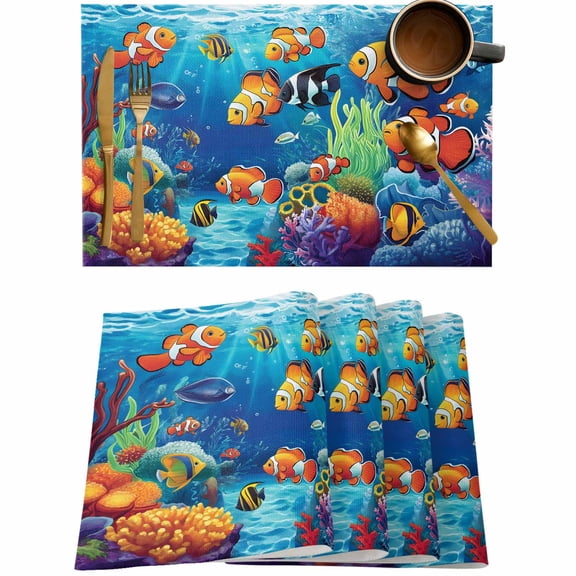 Ocean Fish Coral Seaweed Cartoon Style Placemats Set of 4,Wipeable Washable Table Mats for Dining Tables,Blue Underwater World Place Mats for Kitchen Event Party Tabletop Decor