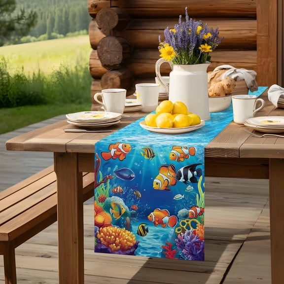 Ocean Fish Coral Seaweed Cartoon Style Table Runner 60 Inch Long Blue Underwater World Table Runners Linen Burlap Tablerunner for Kitchen Dining Room Holiday Party