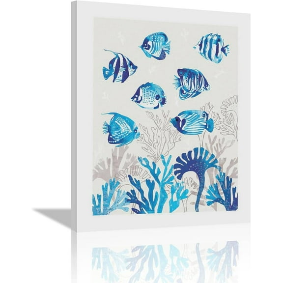 Ocean Fish Decor Wall Art Blue Tropical Fish Pictures Fish Canvas Painting Framed Artwork for Bathroom Bedroom Living Room 12"x16"