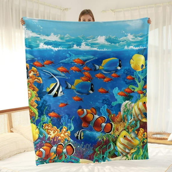 Ocean Fish Dolphins Blanket Kids Boys Girls Gifts Colorful Underwater Fish Swim Decor for Birthday Christmas Super Soft Cozy Plush Flannel Fleece Throw Blanket Bedroom Bed Decor 60"x80"