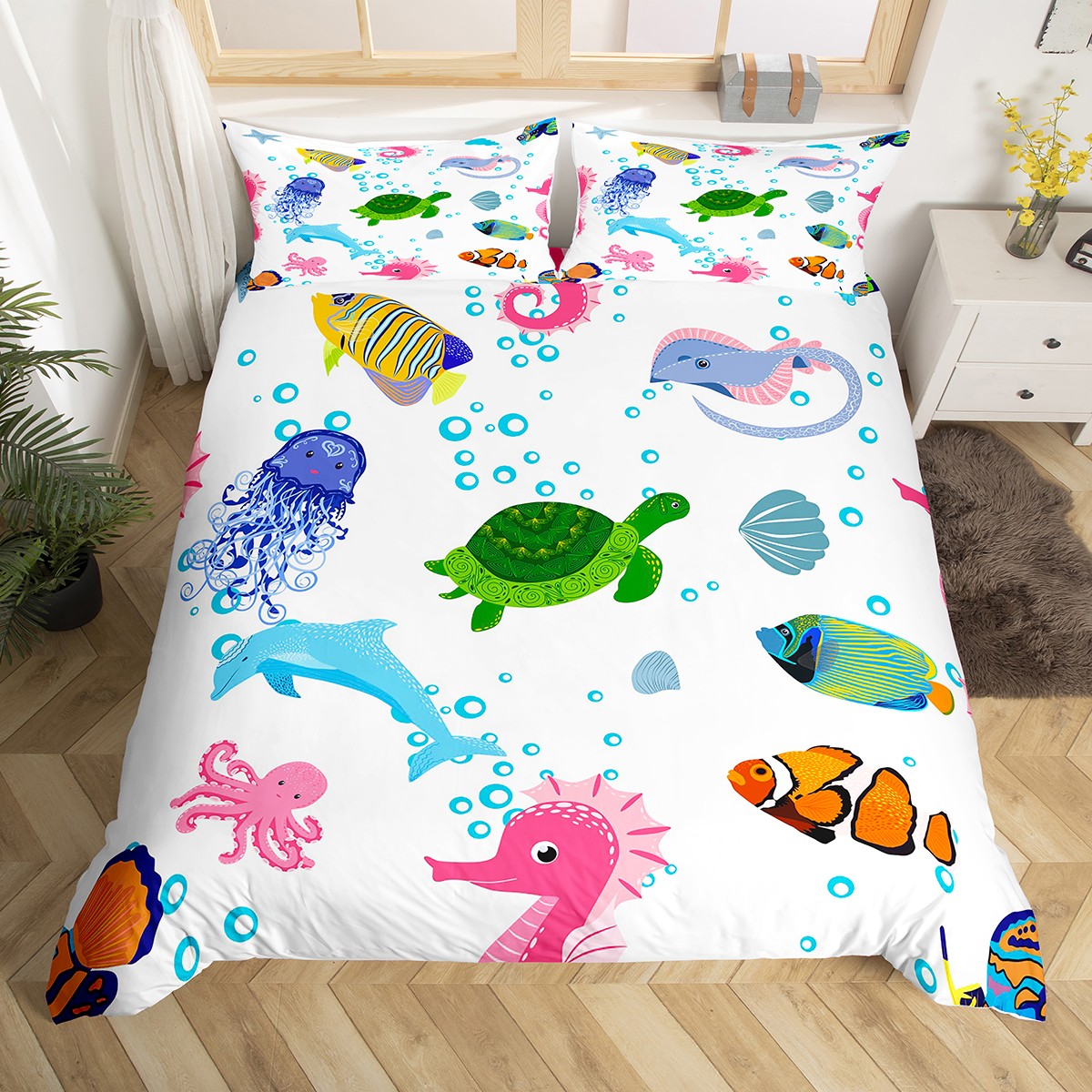 Ocean Fish Duvet Cover Queen Sea Turtle Bedding Set for Kids Child