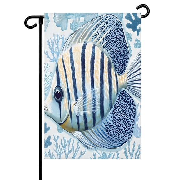 Ocean Fish Garden Flag 12x18 Inch Watercolor Vintage Cute Fishes Navy Blue Coral Double Sided Small Decorative Garden Flags for Outside, Outdoor Yard Porch Lawn Decoration