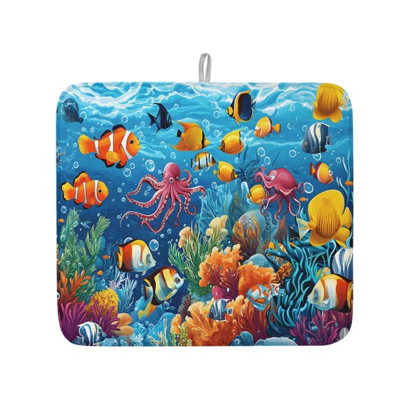 Ocean Fish Octopus Waterweed Dish Drying Mats for Kitchen Counter,Absorbent Microfiber Dish Drainer Rack Mat Summer Nautical Coral Drying Pad for Sinks,Utensils,Countertops,16x18in