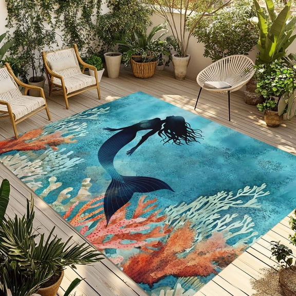 Ocean Fish Outdoor Rug for Patio/Deck/Porch, Non-Slip Large Area Rug 3 x 5 Ft, Coastal Sea Coral Seabed Watercolor Indoor Outdoor Rugs Washable Area Rugs, Reversible Camping Rug Carpet Runner