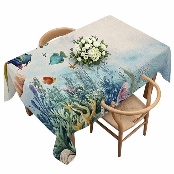 Ocean Fish Rectangle Tablecloth Nautical Green Blue Sea Fish Coral Seashell Seaweed Linen Waterproof Wrinkle Free Soft Table Cloth Spill-Proof Washable Table Cover for Dining Picnic 60 x 120 Inch