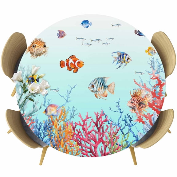 Ocean Fish Round Fitted Tablecloth with Elastic Edge, Colorful Coral Seaweed Stretch Table Covers for 55"-60" Tables Wipeable Table Cloth for Outdoor