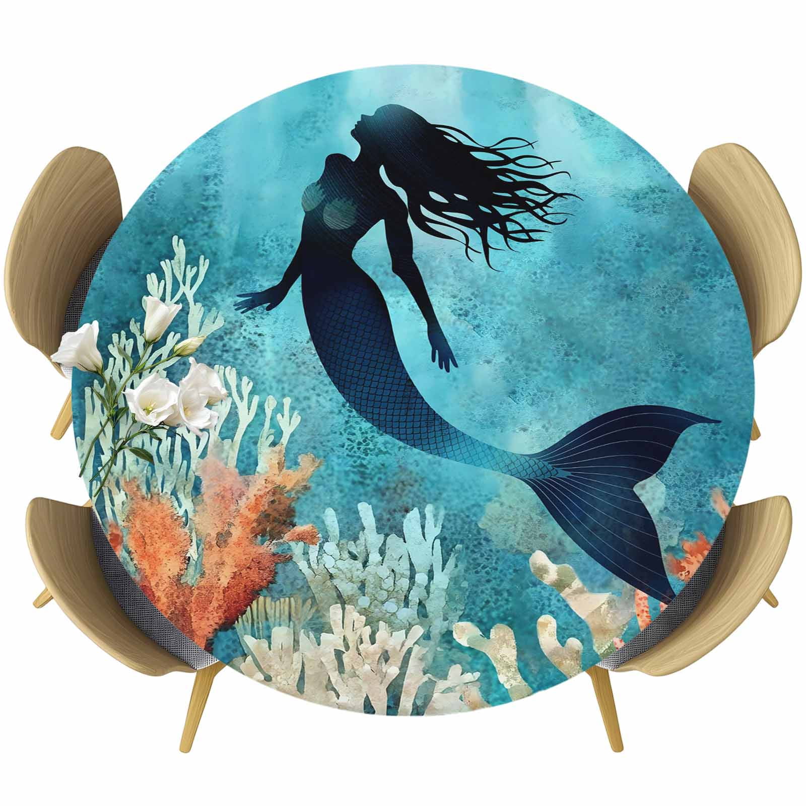 Ocean Fish Round Tablecloth, Fitted Table Cover with Elastic for 45