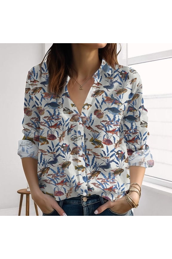 Ocean Fish And Seaweed Linen-Look Shirt, Blue Marine Life Blouse For Women, Coastal Summer Shirt, Beach Vacation Gift for Her, Button Up Shirt, Blouses Tops Women, Gift for Mother