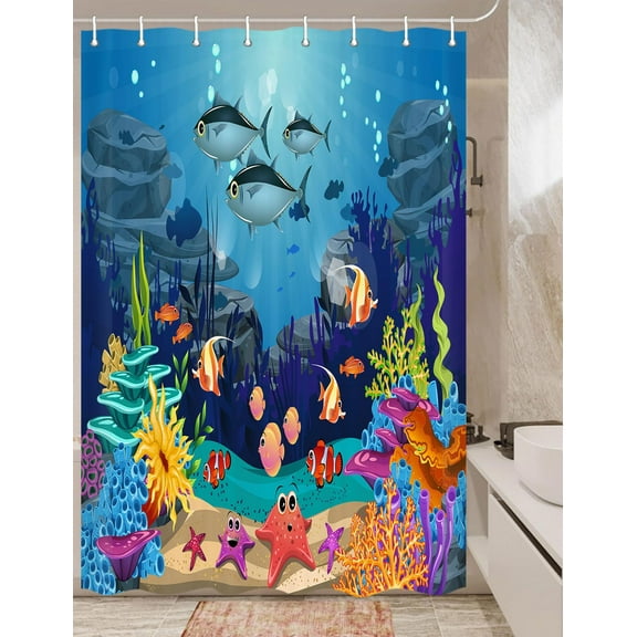 Ocean Fish Shower Curtain, 47X64 Inches, Under The Sea Tropical Turtle Home Bath Bathtub Decor, Blue Ocean Tropical Fish Shower Curtain, Underwater Sea Ocean Shower Curtains for Kids Bathroom
