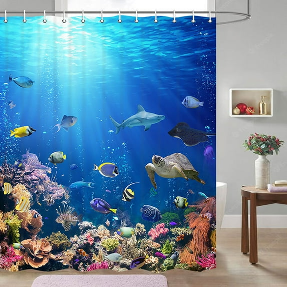 Ocean Fish Shower Curtain, Sea World Animal Tropical Fish Shower Curtain, Underwater Sea Animal Ocean Shower Curtains for Kids Bathroom, Blue Shower Curtain Kids Shower Curtain Set with Hooks, 70"X70"
