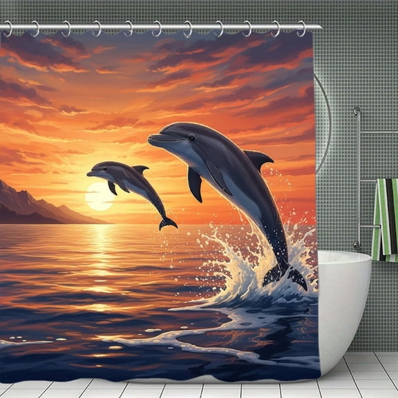 Ocean Fish Sunset Over Sea，Jumping Dolphins Print Shower Curtain,Modern Fabric Waterproof Shower Curtain Set with Hooks 70.8×70.8Inch (180×180cm)