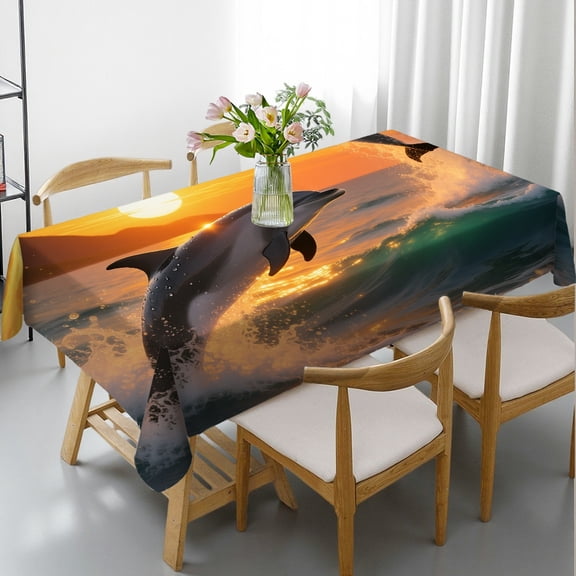 Ocean Fish Sunset Over Seaļ¼Jumping Dolphins Tablecloths rectangle tables large size, Festive Table Setting - Polyester Tablecloths Rectangular Tablecloth, Cafe, dinner,picnic, party