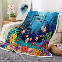 Ocean Fish Throw Blanket, Under The Sea Tropical Turtle Throw Flannel Blankets for Couch Bed, Blue Ocean Tropical Fish Throw Blanket, Underwater Sea Ocean Plush Cozy Fuzzy Blanket 50" x 60"